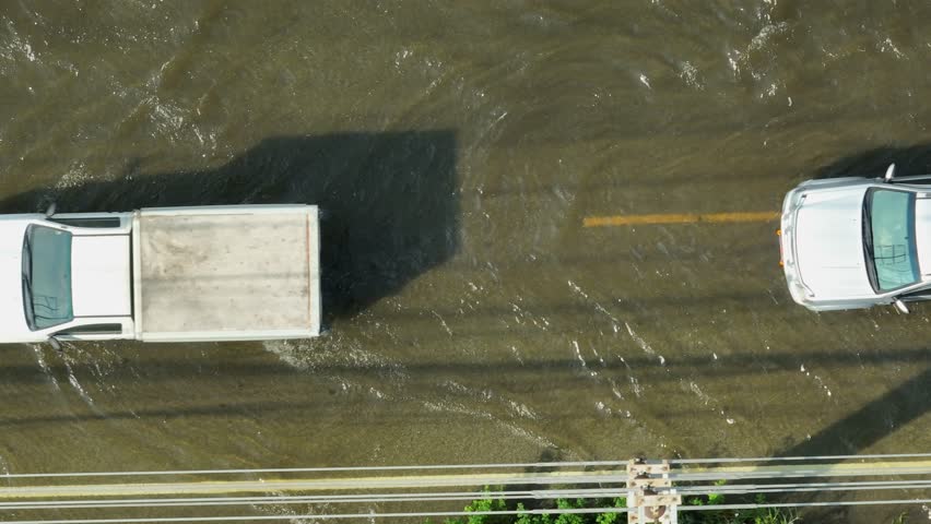 High flood levels force a vehicle forward, captured by drone, illustrating climate challenges, inadequate water management, mobility obstacles, infrastructure strain, and long-term resilience needs.
