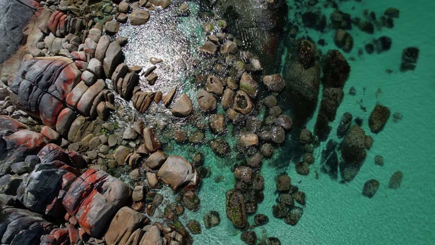 Rocky Shore, Cosy Corner Beach In Tasmania, Australia - Aerial Top Down