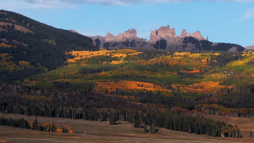 Autumn fall Mill Castle Mountain aerial drone Colorado morning sunrise clear blue sky clouds Gunnison Crested Butte Ohio Swampy Kebler Pass Mount Axtell Ohio Peak panorama landscape parallax circle