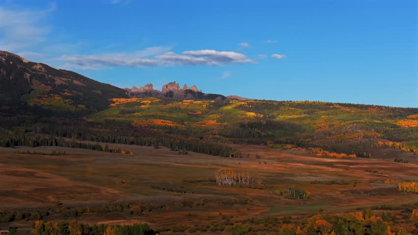 Autumn fall sunrise Mill Castle Mountain aerial drone Colorado morning clear blue sky clouds Gunnison Crested Butte Ohio Swampy Kebler Pass Mount Axtell Ohio Peak pano landscape parallax circle right