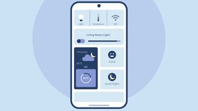 Animated mobile smart home application interface displayed on a smartphone screen, showing lighting, climate control, and home automation features. - Powered by Shutterstock - Get 15% off with code: PIKWIZARD15
