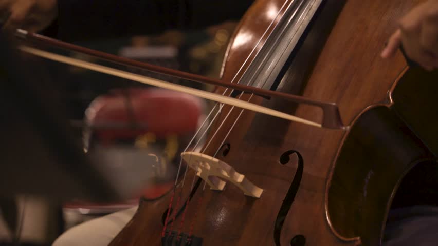 Close-Up of Cellist Playing Cello During Orchestra Practice