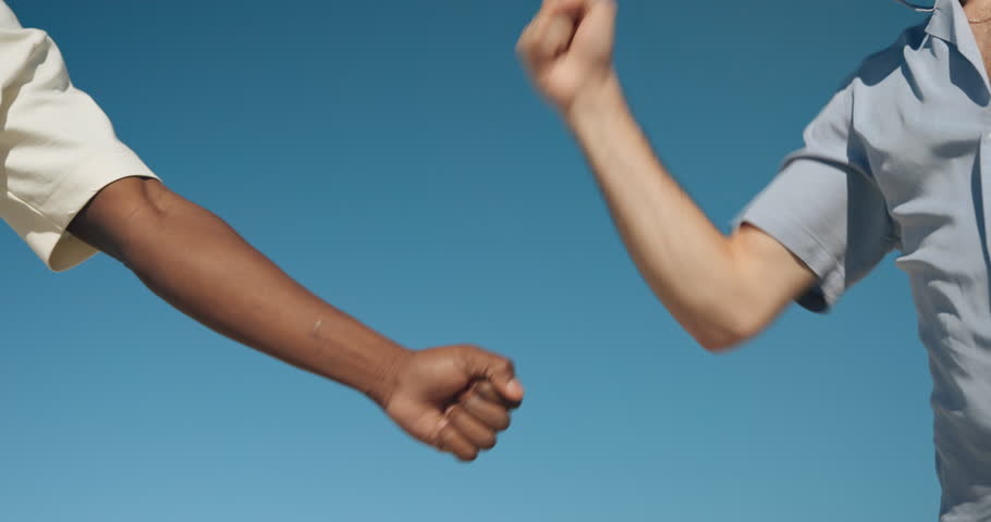 Blue sky, hands and men with fist bump, thank you and teamwork with unity, gratitude and appreciation. Closeup, friends and people with gesture, nature and success with trust, greeting and commitment