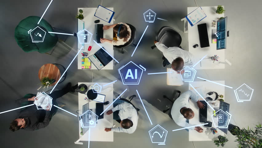 Office workers streamlining workflow with artificial intelligence, futuristic HUD icons symbolizing digital ecosystem. Top down view of colleagues using AI enterprise solutions driving business growth