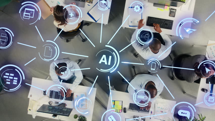 Business team uses artificial intelligence tech to automate data entry tasks, digital ecosystem HUD overlay. Top down view of company workers streamlining workflow using AI machine learning operations