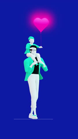 Animated 3D father carrying his son with a glowing heart balloon on a clean monochrome background. Vertical story format ideal for family, parenting, love, Father’s Day, and emotional social media con