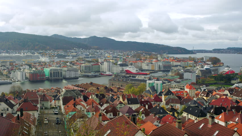 View of Bergen on a quiet autumn day overlooking the harbor and cozy old houses on the hillside