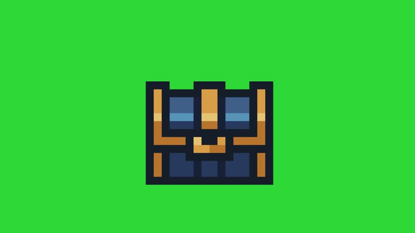 open and close blue treasure box animation in pixel art style with green screen background