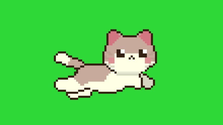 running cat animation character in pixel art style with green screen background