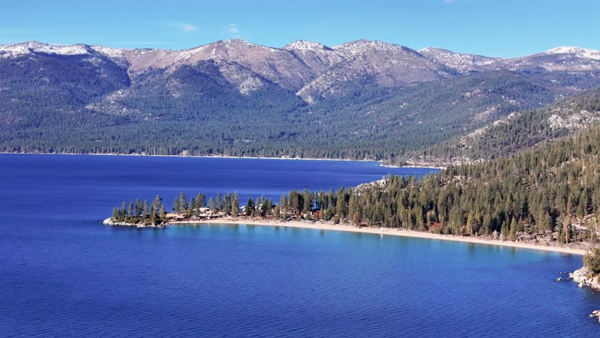 Aerial view of Sand Harbor State Park rocky point and turquoise water