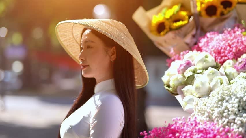 A young Vietnamese woman wearing a white ao dai and a conical hat stands beside a colorful street flower stall, on street in Hanoi, Vietnam. Travel and Vietnamese culture