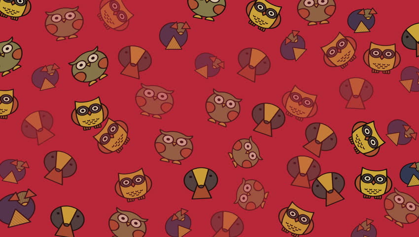 Seamless looping animation with stylized owls and abstract bird shapes on a soft red background. Playful geometric pattern ideal for motion graphics and kids content.