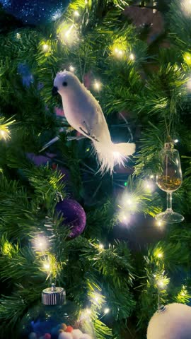 Christmas tree and decorations texture background. Decorated Xmas tree with gold garland, ornaments and balls