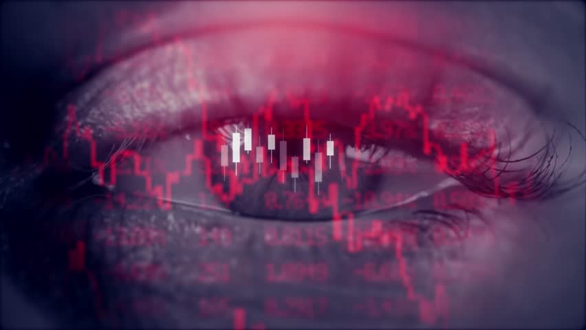 Red candles of the bearish stock market trading. Chart with falling prices. Exchange trading. Stop loss and liquidations. Decreasing trend and losses. Economic crisis. Recession and stock market crash