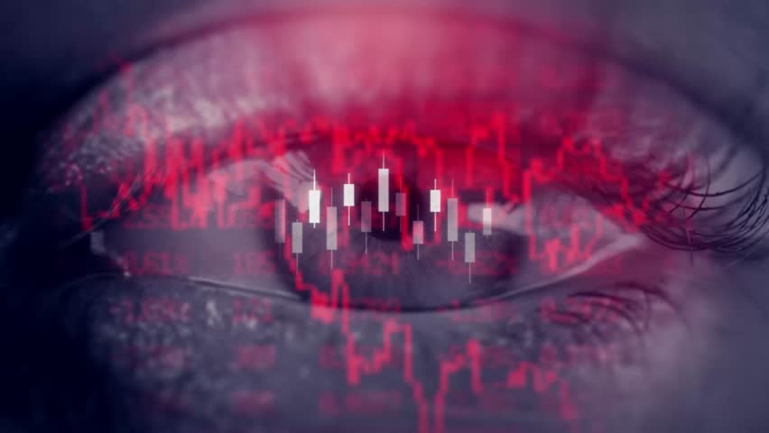 Red candles of the bearish stock market trading. Chart with falling prices. Exchange trading. Stop loss and liquidations. Decreasing trend and losses. Economic crisis. Recession and stock market crash