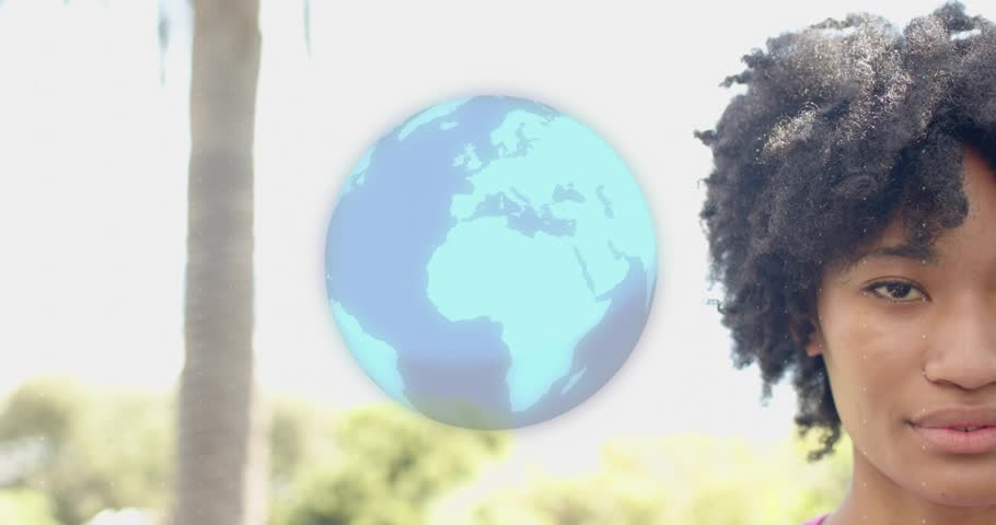 Woman standing globe appearing rotating, icons orbiting, panels at cheek, showing tech for creators. Orb, interface, widgets, female, outdoors, sunlight, vibrant