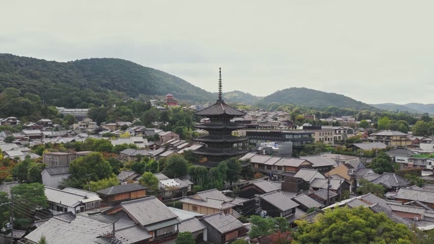 Kyoto City and Yasaka Pagoda From Above, Traditional Japan, Aerial Drone view