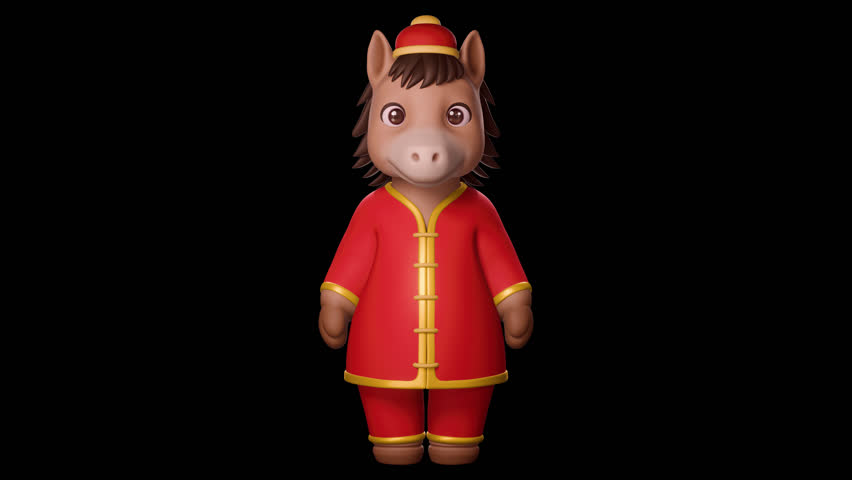 3D Alpha animation of cute chinese Horse character pressing fist to palm. celebrating chinese or lunar new year 2026, 4k seamless or loop transparent video