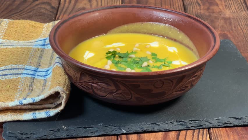 Serving of pumpkin soup puree with red lentil, seasoned with pine nuts and sour cream, decorated with fresh chopped greens in clay bowl on the rustic table, front view while approach
