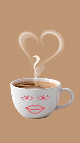 A cup of hot coffee with steam rising in the shape of a heart.