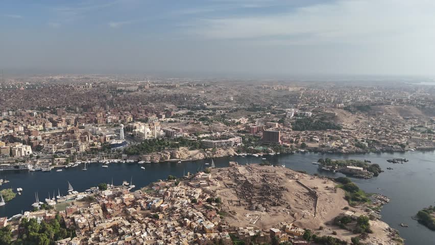 Aerial View of the Nile river Aswan city in Egypt
