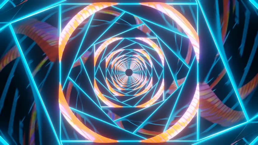 3D animation of a colorful infinite tunnel with abstract shapes, creating a dynamic, modern, and fashion-inspired visual loop for backgrounds, motion graphics, and art projects.