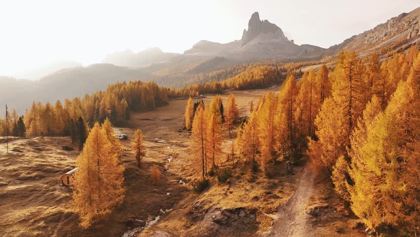 Picturesque yellow larches orange colored. Croda da Lago mountain at background, majestic landscape at autumn time.