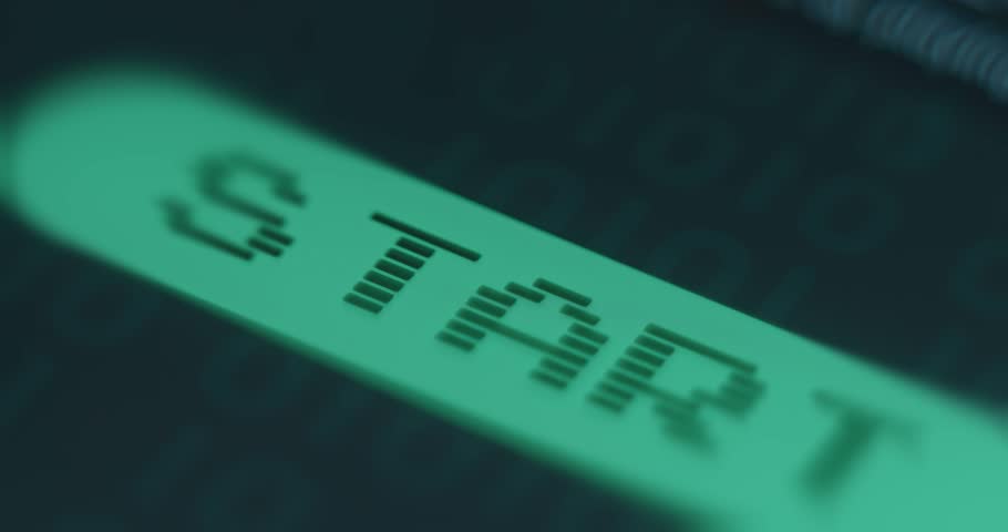 Finger taps a green Start button, hacker style