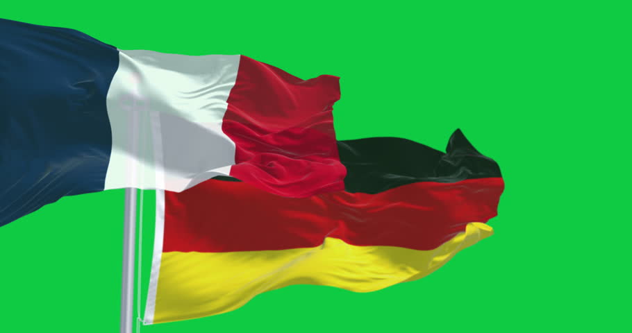 National flags of France and Germany waving in the wind isolated on green background. Seamless 3D render animation. Chroma key. Slow motion loop. Green screen. 4K. Selective focus
