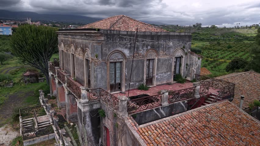 Ruins Of The Old Abandoned Don Ciccio's Villa - Godfather Part II Film Location In Eastern Sicily, Near Acireale, Italy. Aerial Close-up Shot