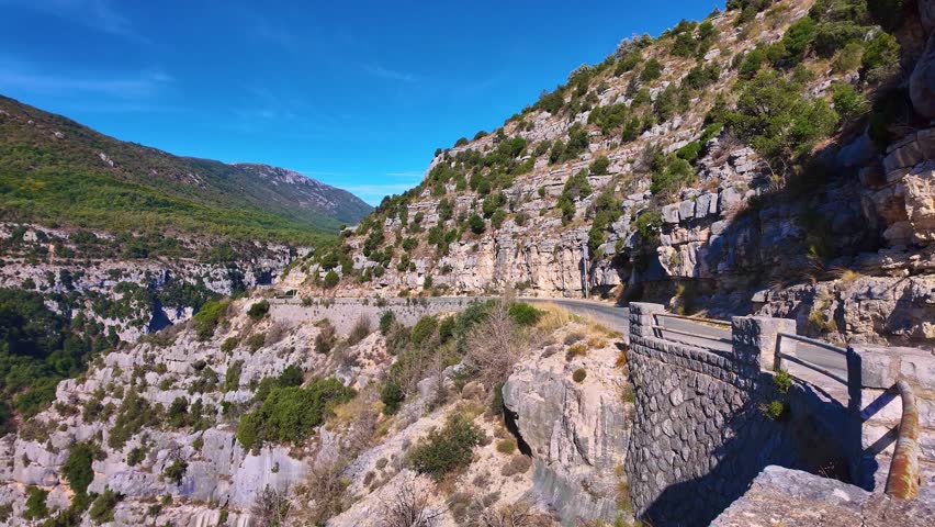 Panoramic road through the largest canyon in Europe, Gorges du Verdon in Provence, France. Landscape of the Gorges Du Verdon in south-eastern France. Provence-Alpes-Cote d