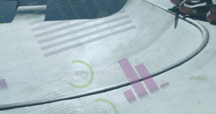 Rider placing foot and pushing into bowl sports HUD charts tracking motion while friends clapping. Skatepark, urban, outdoor, sunny, skater, spectators, coping