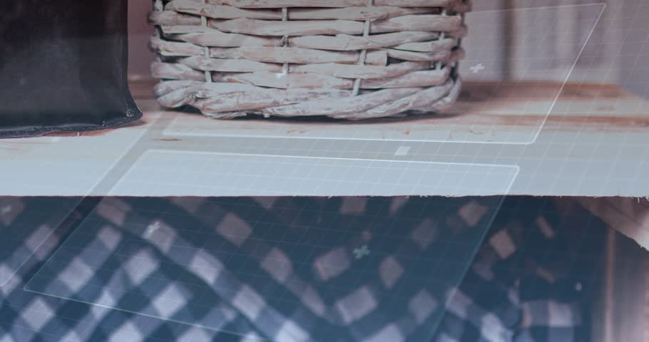 Wicker basket staying still while green oval appearing then sliding up, showing reflection overlays. Hamper, shelf, checkered, ellipse, emerald, glow, movement