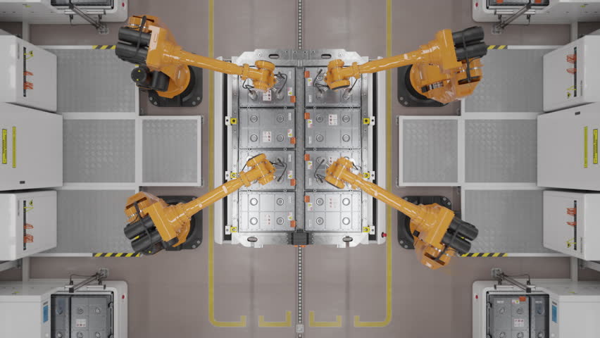 Timelapse of a fully automated EV production line with robotic arms assembling battery modules for the automotive industry. Modern autonomous car factory. Top view. Looping 3d animation render