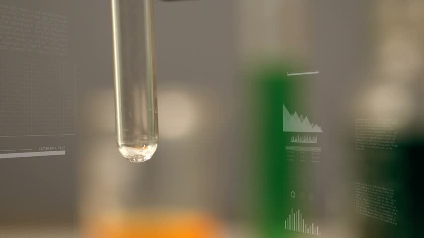 Red filament entering test tube, reagent forming plumes, churning, infographics visualizing mixing. Laboratory, glassware, chemistry, data, charts, visualization, cinematic
