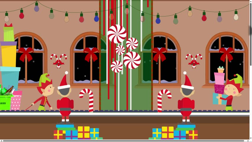 Festive Christmas factory with elves, gifts, and candy canes.
