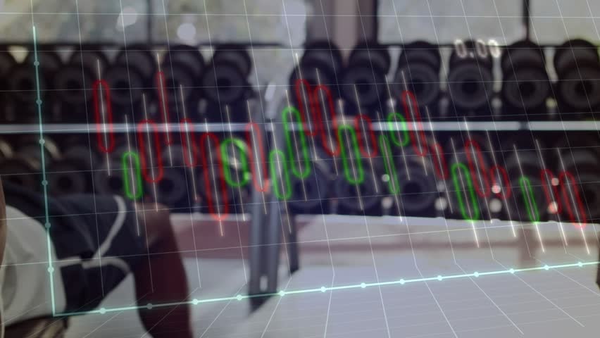 Adult male starting arms bent pressing dumbbells on gym bench, grid candles overlay tracking reps. Weights, training, athletic, rack, supine, kinetic, facility