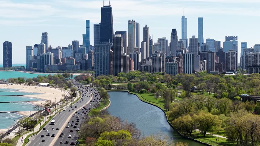 Downtown Chicago USA Skyline, Traffic on Lake Shore Drive and Lake Michigan, Drone Aerial View