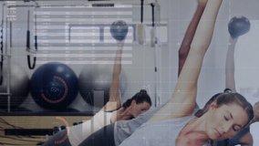 Woman in fitness on cue, doing side-planks with med ball for core strength, HUD charts overlaying. Lateral, oblique, balance, coordination, group, gym, studio - Powered by Shutterstock - Get 15% off with code: PIKWIZARD15