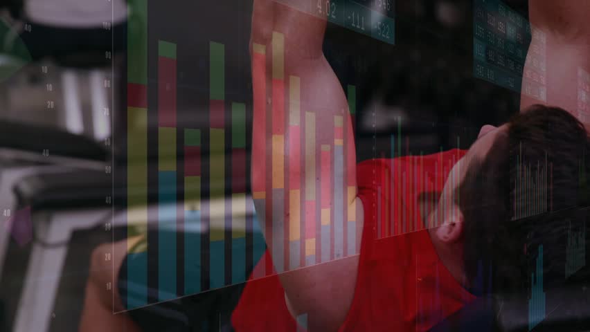 Man lying on bench pressing dumbbell from chest, training chest while finance charts overlay reps. Gym, weights, strength, fitness, focus, dataviz, cinematic