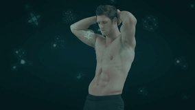 Male model holding hands behind head, atoms drifting, projecting torso light, highlighting fitness. Athlete, shirtless, physique, glow, particles, teal, studio - Powered by Shutterstock - Get 15% off with code: PIKWIZARD15