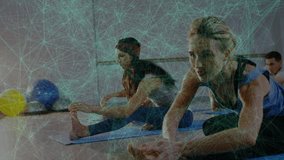 Woman and yoga class on blue mats deepening fold on cue for mobility, web overlay sweeping. Stretch, group, studio, barre, balls, flexibility, balance - Powered by Shutterstock - Get 15% off with code: PIKWIZARD15