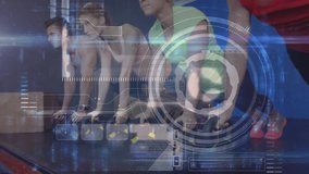 Fitness group doing kettlebell pushups camera panning zooming HUD onto man in red for form tracking. Gym, workout, training, athletes, synchronized, class, weights - Powered by Shutterstock - Get 15% off with code: PIKWIZARD15