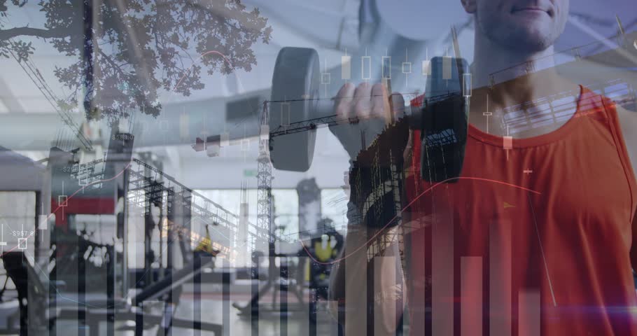 Man pausing after set in gym, lowering head while cranes and charts overlaying preparing rep. Fitnesscenter, training, focus, scaffolding, construction, graphs, montage