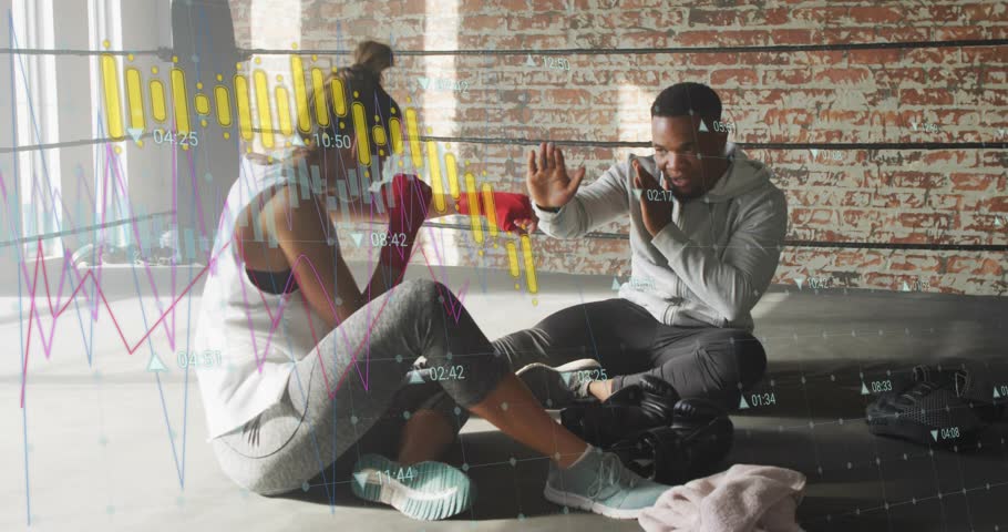 Coach raising pad cueing trainee extending arm throwing jabs guiding form finance charts overlaying. Gym, training, coaching, punching, mitts, mats, duo