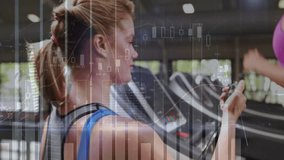 Woman in blue arming treadmill console, partner running while gym charts tracking data overlaying. Duo, cardio, fitness, training, motivation, teamwork, daylight - Powered by Shutterstock - Get 15% off with code: PIKWIZARD15