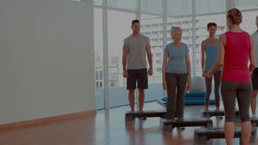 Instructor cueing and leading class stepping on steps while animated charts overlaying fitness data. Participants, workout, coach, studio, cityscape, coordination, balance - Powered by Shutterstock - Get 15% off with code: PIKWIZARD15