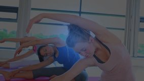 Lead woman starting side stretch, trio mirroring on pink mats for fitness, DNA drifting across mats. Studio, mobility, flexibility, group, harmony, glow, doublehelix - Powered by Shutterstock - Get 15% off with code: PIKWIZARD15