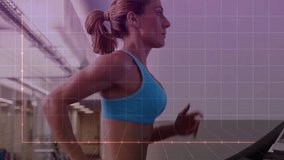 Woman running treadmill, stride activating grid and vertical bars with pink nodes tracking fitness. Gym, cardio, endurance, focus, overlay, metrics, neon - Powered by Shutterstock - Get 15% off with code: PIKWIZARD15