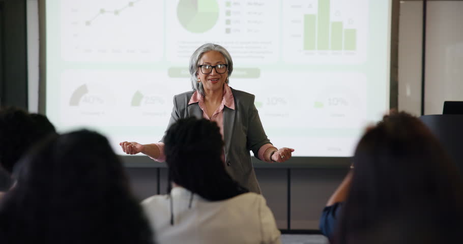 Conference, applause and presentation with business woman for broker success, public speaking and seminar. Lecture, convention and support with employees at summit for investor data and announcement